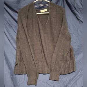 Lucky Brand L Charcoal Dark Gray Knit Sweater Large Loose V Neck Cozy